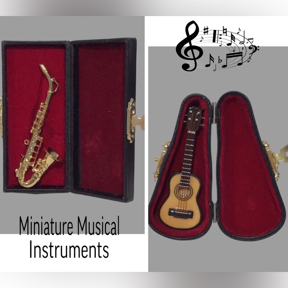 Mini Saxophone and Guitar Miniature Musical Instruments in Black Cases